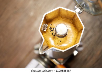 Espresso In Moka Pot Maker On The Gas Stove Top View