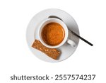 Espresso in white porcelain cup on white background. Espresso coffee