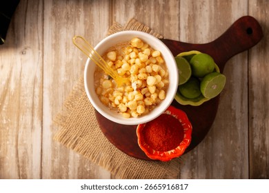 Esquites. Corn kernels cooked and served with mayo, sour cream, lemon and chili powder, very popular street food in Mexico, also known as Elote en Vaso. The recipe varies depending on the region.