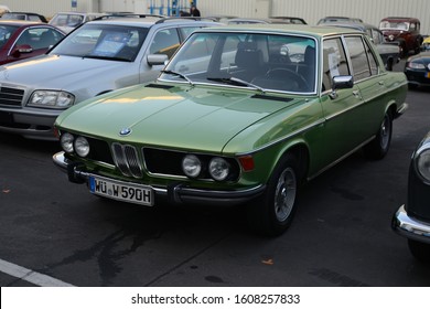 ESSEN, GERMANY - APRIL 10, 2019: BMW 2500 E3 Classic German Old Retro Vintage Luxury Executive 1970s Car In Light Green Color Pictured On The Parking.