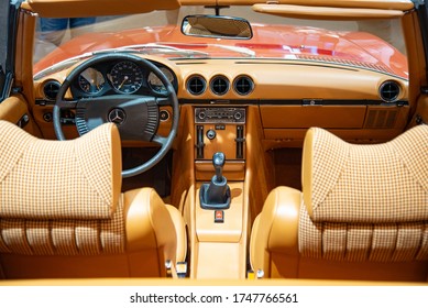 ESSEN, GERMANY - APRIL 11, 2019: Mercedes-Benz 280SL R107 Famous Classic German Luxury Coupe 1980s Car Interior