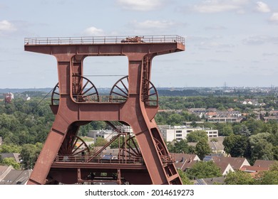 ESSEN, GERMANY - Jul 16, 2021: Essen, North Rhine-Westphalia, Germany - July 16, 2021:  top of the headgear of a coal mine in the UNESCO world heritage Zeche Zollverein