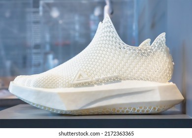 Essen, Germany - June 21, 2022: Side View Of A Peak 3D Sphere Running Shoe, Which Is Fully 3D Printed And 100% Recyclable In Essen, Germany