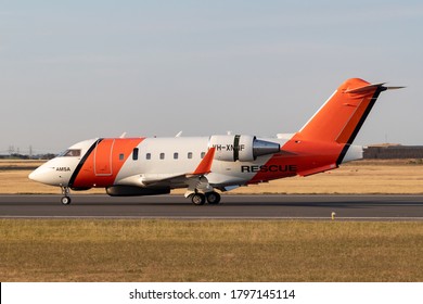 Essendon, Australia - January 2, 2020: Australian Maritime Safety Authority Bombardier Challenger 604 Aircraft Used For Maritime Patrol, Surveillance And Search Missions Landing At Essendon Airport.