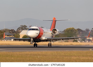 Essendon, Australia - January 2, 2020: Australian Maritime Safety Authority Bombardier Challenger 604 Aircraft Used For Maritime Patrol, Surveillance And Search Missions Landing At Essendon Airport.