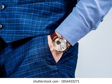 Essential Accessory In Any Menswear Collection. Luxury Watch Worn On Male Wrist. Classic Timepiece. Fashion Accessory. Trendy Style. Punctuality And Promptness. Current Time.