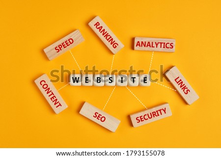 Essential components of a website. The words website, analytics, security, links, seo, content, speed and ranking written on wooden blocks.