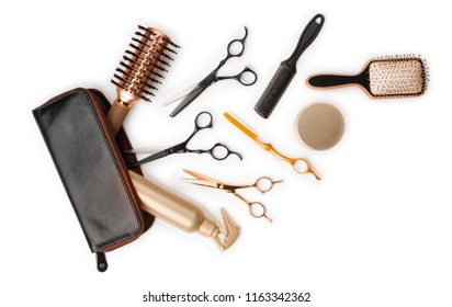 Essential Hair Dresser Tools With Leather Bag On White Background