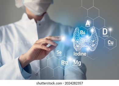 Essential Nutrients For Thyroid Gland Health Including Iodine, Selenuim, Vitamin B6, Cuprum. Blurred Portrait Of Doctor Holding Highlighted Blue Thyroid Gland.