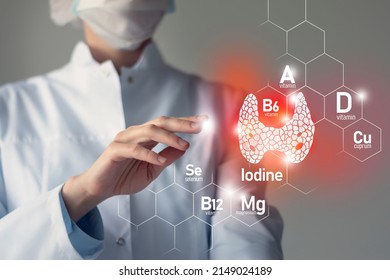 Essential Nutrients For Thyroid Gland Health Including Iodine, Selenuim, Vitamin B6, Cuprum. Blurred Portrait Of Doctor Holding Highlighted  Red Thyroid Gland.