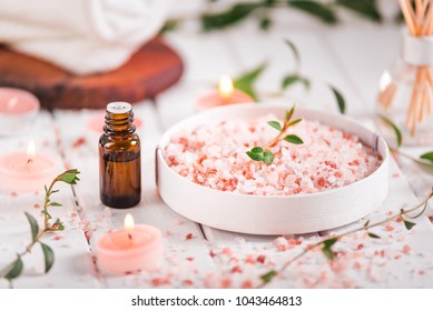 Essential oil for aromatherapy, flowers, handmade soap, himalayan salt