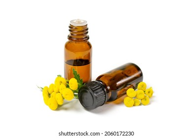Essential oil of medicinal herb tansy in a dark glass bottle on a white isolated background. Aromatherapy, spa, skin care.