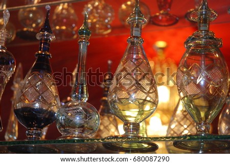 Essential oil perfume bottles on a showcase of Egypt store