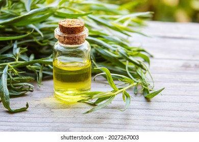 Essential oil of tarragon in a bottle. Selective focus. nature.
