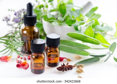 essential oils for aromatherapy treatment with fresh herbs in white background