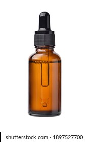 Essential Serum Oil In Amber Dropper Bottle Isolate On White Background. Clipping Path.