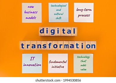 the essentials of digital transformation model. wooden cubes with the words "digital transformation", and sticky notes, on yellow background - Powered by Shutterstock