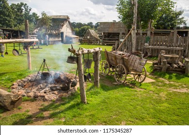 Essex, UK - 31 August, 2018: Main Square With Collective Collective Cooking Fire In The Norman Village. Educational Centre For Kids With Historical Activities And Every Day Medieval Life Experience