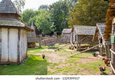 Essex, UK - 31 August, 2018: Norman Village Reconstruction, Dated Back To 1050. Educational Centre For Kids With Demonstration Of Everyday Life And Skills Medieval Time