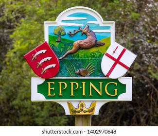 Essex, UK - May 18th 2019: A beautifully sculptured place-sign in the market town of Epping in Essex.