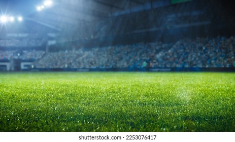 Establishing Shot of Empty Football Socer Stadium. International Tournament Concept. A crowd of Fans Cheer on the Tribune. Beginning of Sports Final Game. Cinematic Shot of Crowded Arena. - Shutterstock ID 2253076417