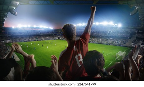 Establishing Shot of Fans Cheer for Their Team on a Stadium During Soccer Championship Match. Teams Play, Crowds of Fans Scream, Celebrate Victory, Goal. Football Cup Tournament Concept. Wide Shot - Shutterstock ID 2247641799