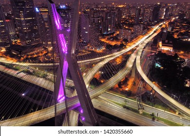 Estaiada's bridge aerial night view. São Paulo, Brazil. Business center. Financial Center. Great landscape. Famous cable-stayed bridge of Sao Paulo. Business city. Business travel. Travel destination