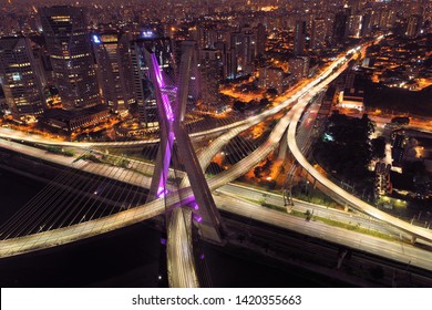 Estaiada's bridge aerial night view. São Paulo, Brazil. Business center. Financial Center. Great landscape. Business city. Business travel.
