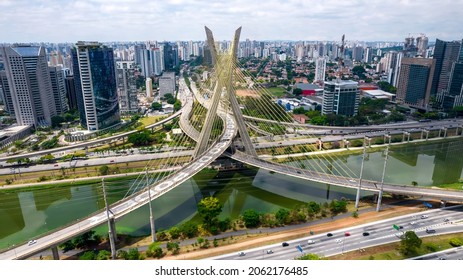 Estaiada's bridge aerial view in Marginal Pinheiros, São Paulo, Brazil. Business center. Financial Center. Famous cable stayed (Ponte Estaiada) bridge - Shutterstock ID 2062176485