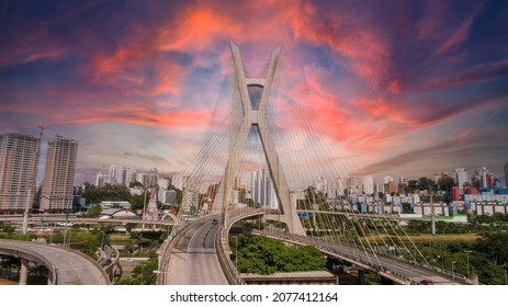 Estaiada's bridge aerial view in Marginal Pinheiros, São Paulo, Brazil. Business center. Financial Center. Famous cable stayed (Ponte Estaiada) bridge. Sunset