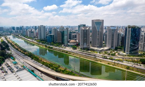 Estaiada's bridge aerial view in Marginal Pinheiros, São Paulo, Brazil. Business center. Financial Center. Famous cable stayed (Ponte Estaiada) bridge - Shutterstock ID 2077412650