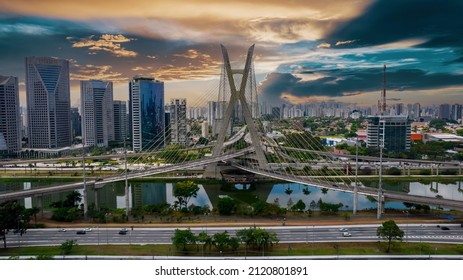 Estaiada's bridge aerial view in Marginal Pinheiros, São Paulo, Brazil. Business center. Financial Center. Famous cable stayed (Ponte Estaiada) bridge - Shutterstock ID 2120801891
