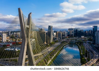 Estaiada's bridge aerial view. São Paulo, Brazil. Business center. Financial Center. City landscape. Cable-stayed bridge of Sao Paulo. Downtown. City view. Aerial landscape,