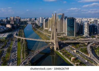 Estaiada's bridge aerial view. São Paulo, Brazil. Business center. Financial Center. City landscape. Cable-stayed bridge of Sao Paulo. Downtown. City view. Aerial landscape,
