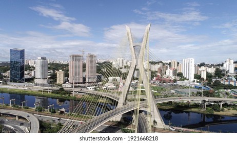 Estaiada's bridge aerial view. São Paulo, Brazil. Business center. Financial Center. Famous cable stayed (Ponte Estaiada) bridge