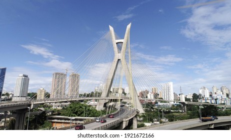 Estaiada's bridge aerial view. São Paulo, Brazil. Business center. Financial Center. Famous cable stayed (Ponte Estaiada) bridge
