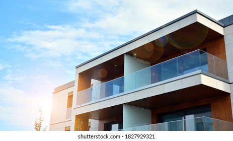 Estate property and condo architecture. Fragment of modern residential flat with apartment building exterior. Detail of new luxury home complex.  - Shutterstock ID 1827929321