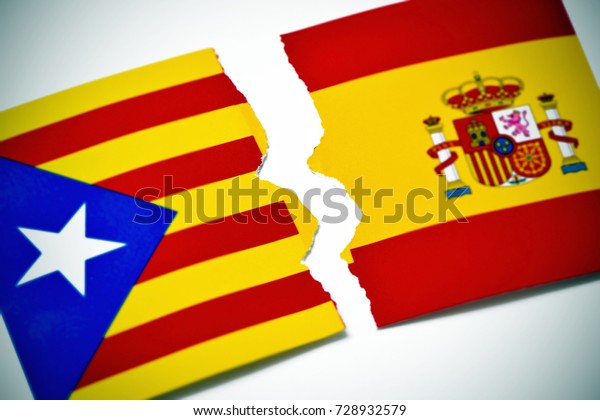 the Estelada, the Catalan pro-independence flag and\
the flag of Spain, broken on an off-white background, with a slight\
vignette added