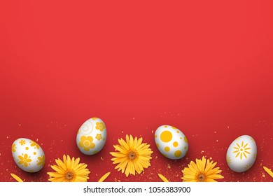 Ester Egg And Gerbera Flower On Red Background 