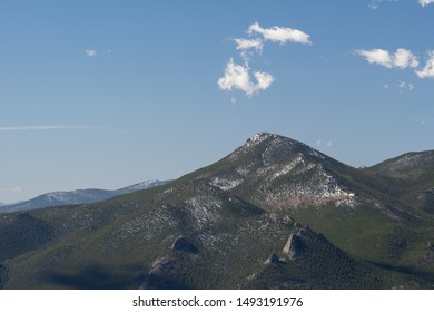 Estes Cone In Rocky Mountian National Park Mountain With Snowy Peak And Green Forest With Blue Sky