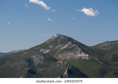 Estes Cone In Rocky Mountian National Park Mountain With Snowy Peak And Green Forest With Blue Sky