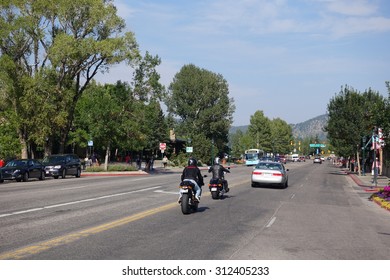 ESTES PARK, COLORADO - AUGUST 2015: Downtown Motorcycle And Car Traffic In Estes Park