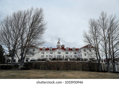 Estes Park, Colorado, USA - February 21, 2016: A Close Up Front Winter View Of The Famous Stanley Hotel At Estes Park, Colorado, USA.