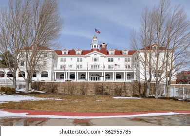 Estes Park, Colorado, USA - February 15, 2014: A Close Up Front Winter View Of The Famous Stanley Hotel At Estes Park, Colorado, USA.