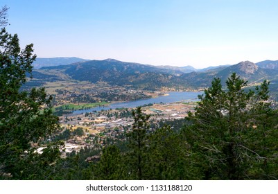 ESTES PARK, COLORADO, U.S.A., JULY 8, 2018: View Of Estes Park Lake On The Distance, Shot From The Top Of The Estes Park Aerial Tramway, On July 8, 2018.