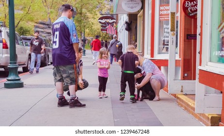 Estes Park, Colorado, USA-May 27, 2018-POV-Main Street Of Typical Small Mountain Town In America.