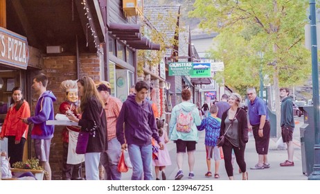 Estes Park, Colorado, USA-May 27, 2018-POV-Main Street Of Typical Small Mountain Town In America.