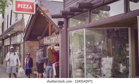 Estes Park, Colorado, USA-May 27, 2018-POV-Main Street Of Typical Small Mountain Town In America.