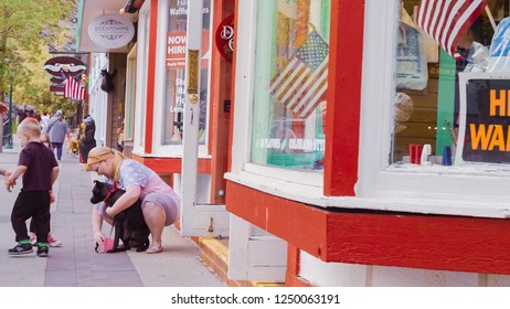 Estes Park, Colorado, USA-May 27, 2018-POV-Main Street Of Typical Small Mountain Town In America.