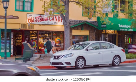 Estes Park, Colorado, USA-May 27, 2018-POV-Main Street Of Typical Small Mountain Town In America.